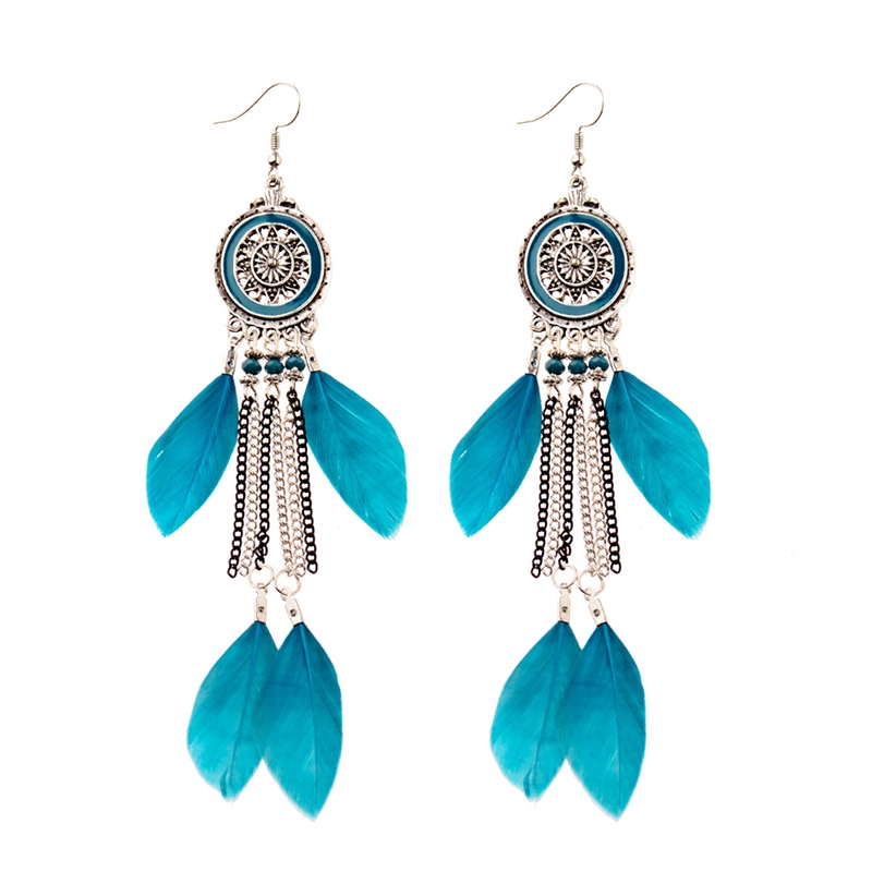 Ethnic Blue Feather Long Earrings For Women Gypsy Jhumka Jhumki Chain Indian Beads Earrings Handmade Oorbellen HXE058: 127-3