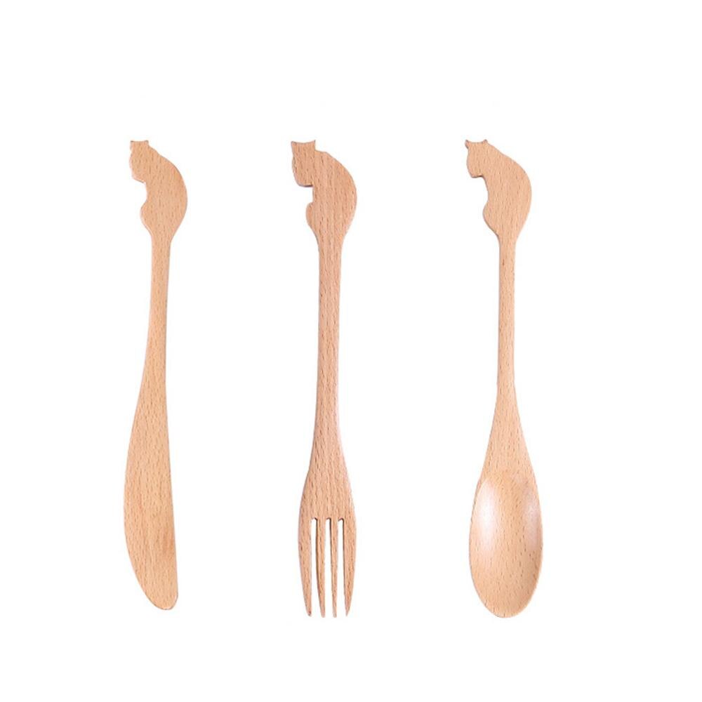 1/3 PCS Wooden Spoon Bamboo Kitchen Cooking Utensil Animal Fork Pattern Kids Spoon Eating Tool Soup-Teaspoon Tableware Catering