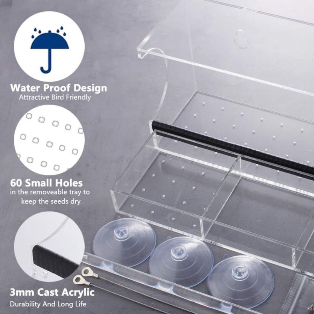 Window Bird Feeder with 3 Strong Suction Cups, Bird Feeders for Outside, Seed Tray with Drain Holes, for Kids Bird Lovers