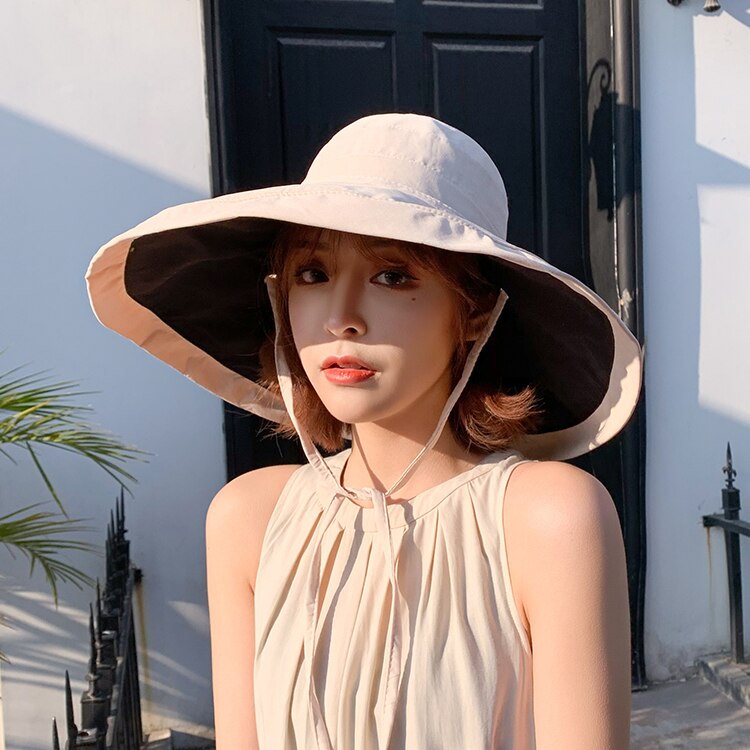 Cokk Zomer Hoed Vrouwen Grote Brede Rand Strand Hoed Zonnehoed Opvouwbare Zon Blok Uv Bescherming Panama Hoed Bot Chapeu gorro Zonnehoed: beige
