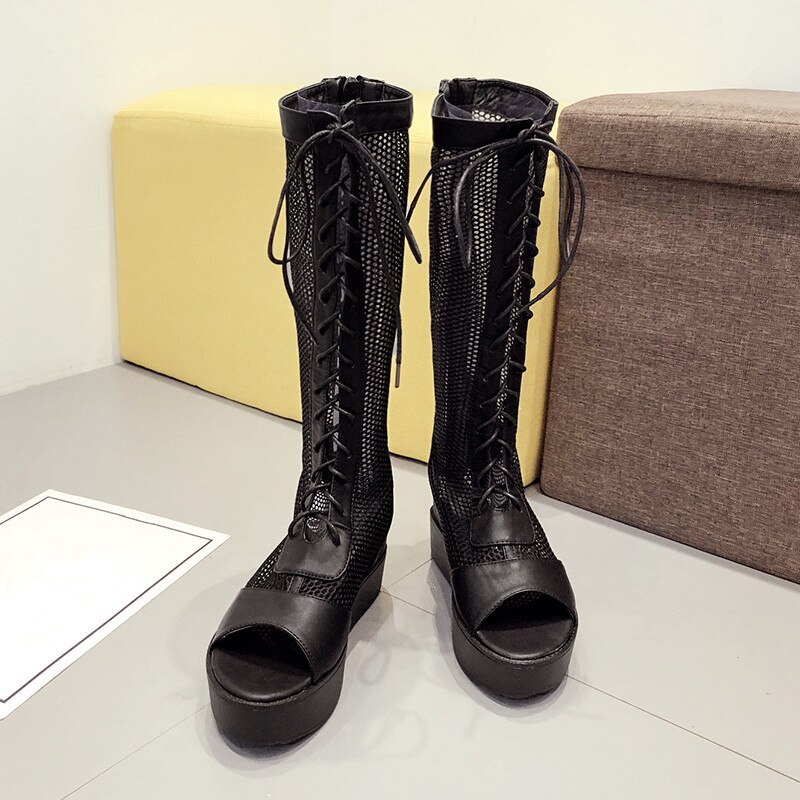 Ymechic Zomer Zwart Platform Laarzen Punk Gothic Lace Up Lange Kruis Gebonden Gladiator Sandalen Laarzen Vrouwelijke Wiggen Schoenen Zomer