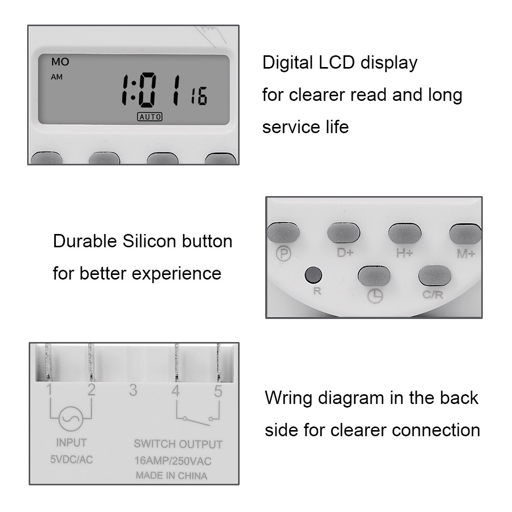 Cn101a 5v dc 16a lcd digitale tijdklok timer pomp wekelijkse programmeur timer 24 uur timer schakelaar auto lcd interval timer mini