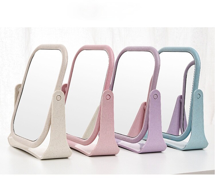 Miroir de maquillage rotatif Double face en paille de blé, de bureau, pour étudiant, de princesse, de vanité, ovale et carré