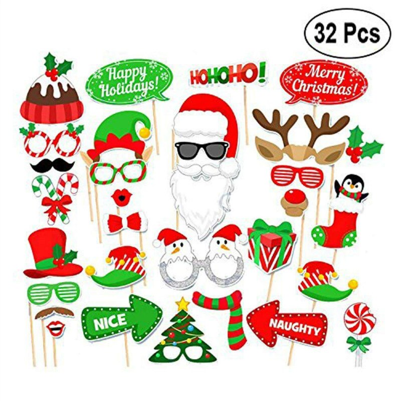 32 stk / sæt jul fotoboks rekvisitter kit masker læber skæg snemand bryllup indretning jul fest dekoration