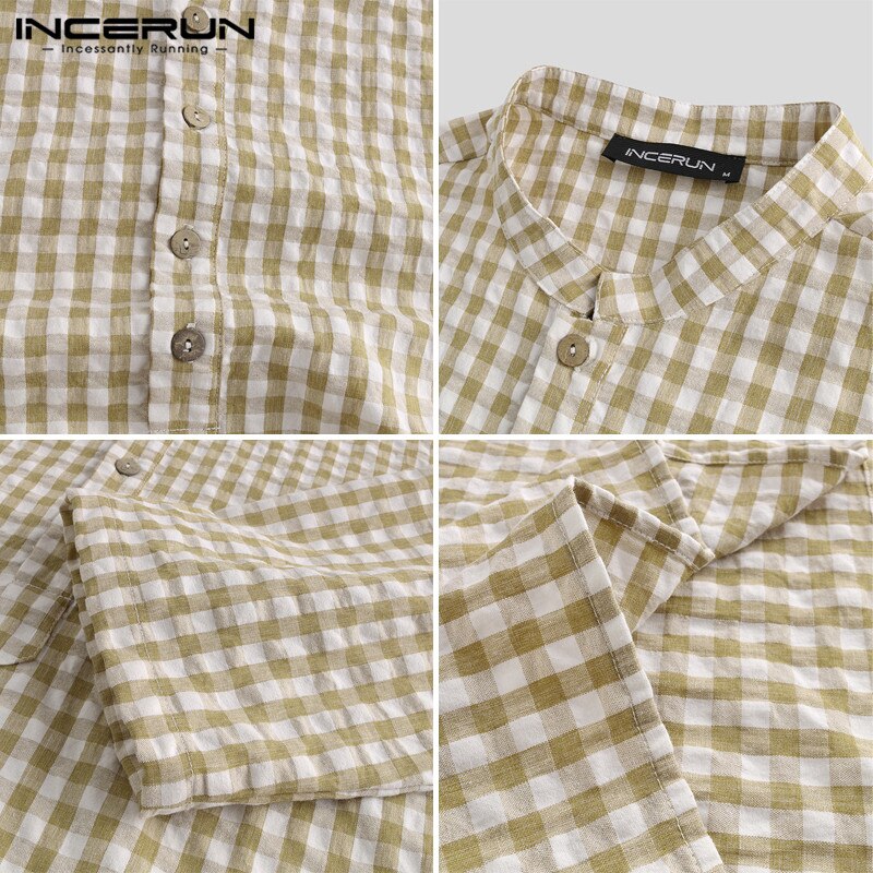 INCERUN Men Long Shirt Plaid Long Sleeve Indian Clothes Streetwear Stand Collar Kurtas Muslim Tops Vintage Casual Men Shirt