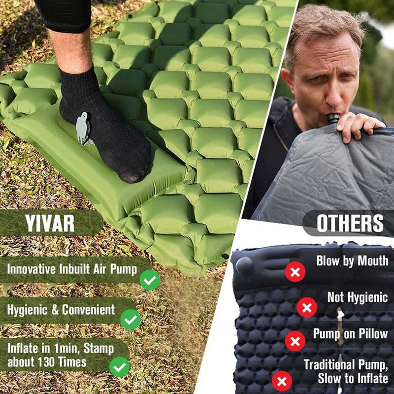 Camping Sleeping Pad With Pillow Ultralight Inflatable Sleeping Mat For Backpacking Hiking Thick 2 Inch Air Mattress