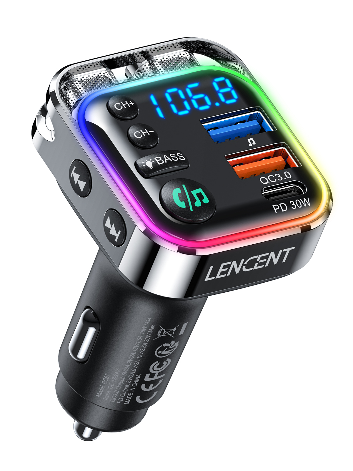LENCENT Trasmettitore FM Bluetooth 5.3 PD 30W e QC3.0 Caricatore rapido Adattatore per auto Bluetooth kit per auto con musica Ciao-Fi/chiamate trasparenti: Default Title