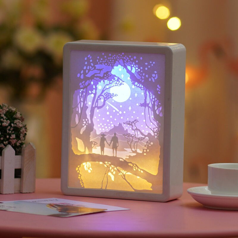 Light Shadow Paper Carving Lamp Room Decoration Items Girl Birthday Finished Diy Production Bedroom Romantic Night Light: Moonlit Love