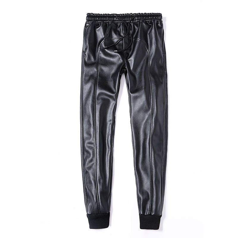 Idopy Men`s Autumn Faux Leather Joggers Harem Pants Hip Hop Ankle Cuffed Elastic Waist Drawstring PU Stretchy Trousers For Male