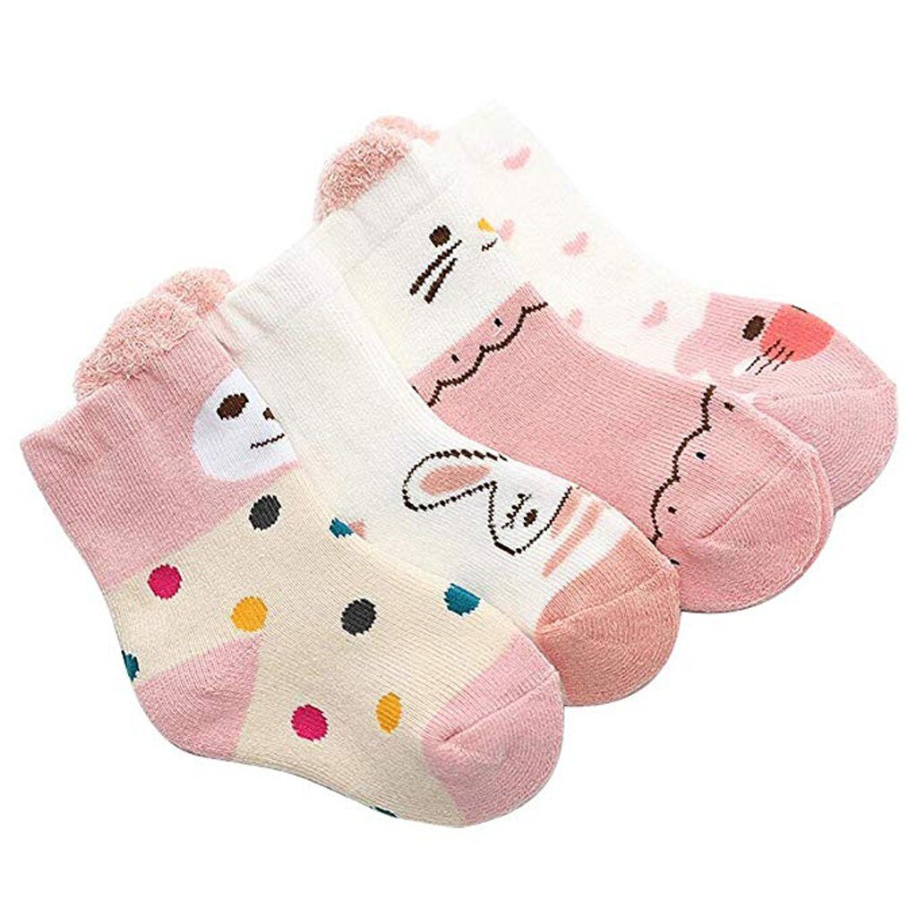4 Pcs Fahion Katoen Baby Sokken Herfst Winter Cartoon Gedrukt Sok Warm Baby Jongens Meisjes Leuke Sokken Baby Kleding Accessoires # P4: Roze / 12m