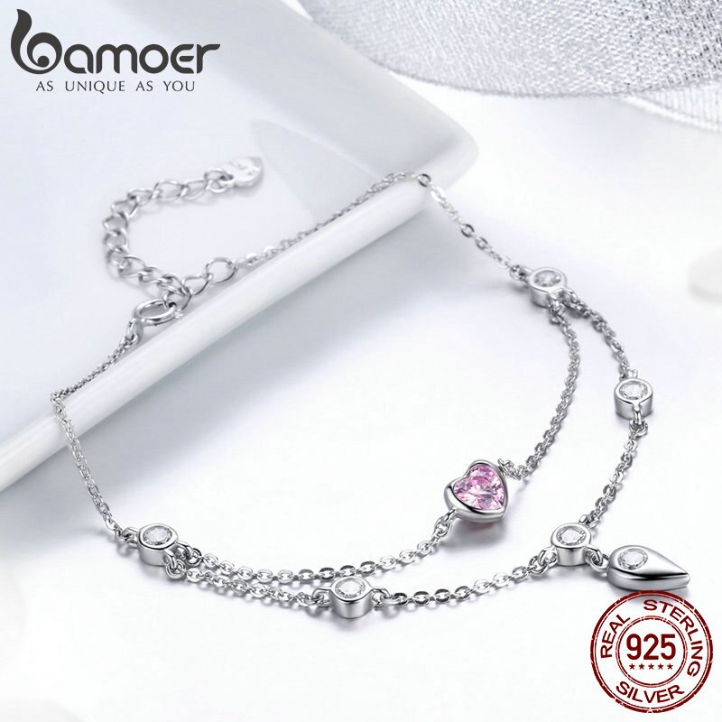 Bamoer romântico novo 925 prata esterlina doce coração rosa cz camadas duplas pulseiras para mulher prata esterlina jóias scb090