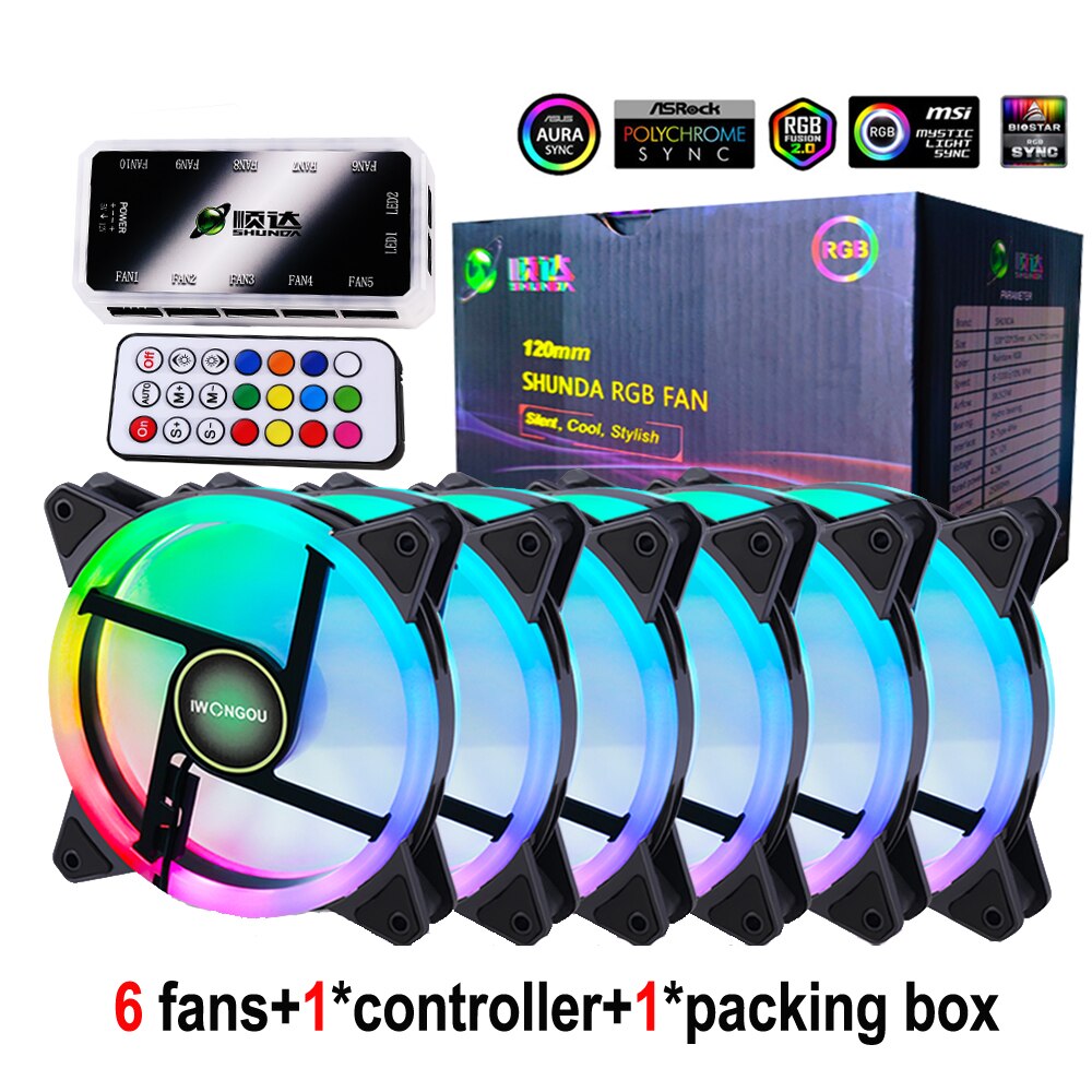 IWONGOU Fan RGB Adjust PWM 120mm PC Fan Computer Cooler Argb Case Fan For Argb Case Cooler Double Ring: 6ARGBFan 1Controller / Cosmos Glitter S