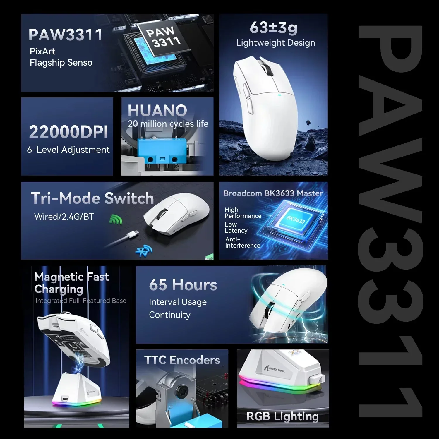 Attack Shark X11 Tri Mode PAW3311 2.4G-Gaming Mouse Magnetic Rechargeable Connectivity Ultra-Light Wireless E-sports for PC-LAP