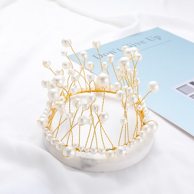 Metall pärla prinsessa crown cake topper konstgjorda pärlor huvudbonad bröllopstårta dekorera baby shower födelsedag topper handgjorda: 1pc guld