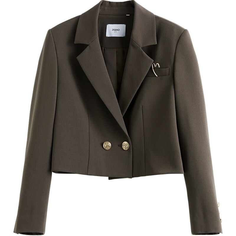 ZIQIAO – veste de costume japonaise à col complet et manches régulières, blazer court, ample, avec broche détachable, solide, à Double boutonnage, pour femme de bureau: Brun clair / XS