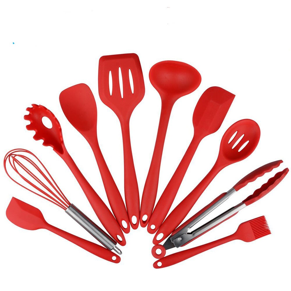 10Pcs Silicone Keukengereedschap Farberware Spoonula Spatel Lepels Turner Garde Koken Gereedschap Rood Zwart: Rood