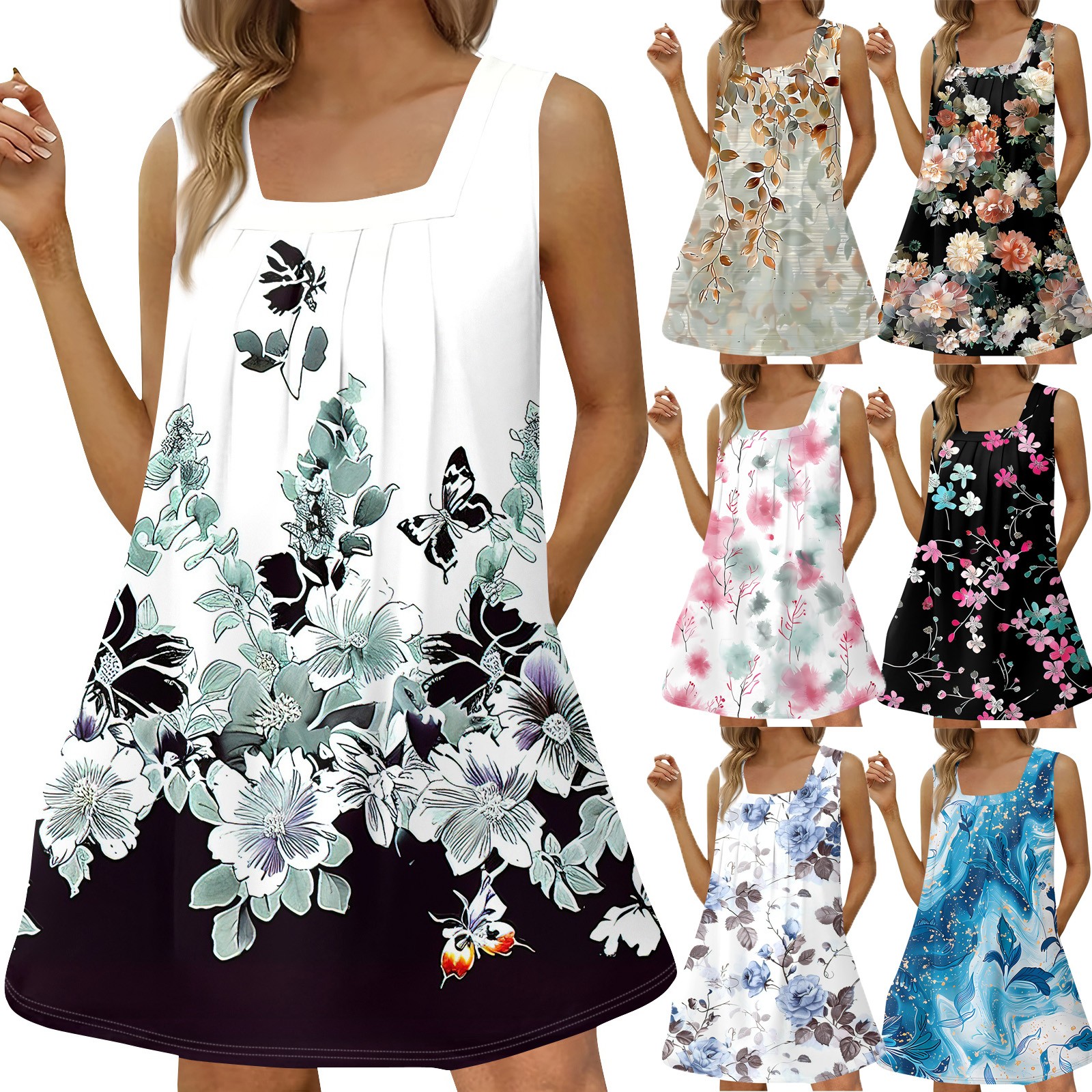 Summer Mini Dress Floral Print Prom Dresses Women Sleeveless Dress Female Evening Vestidos Beach Sundress