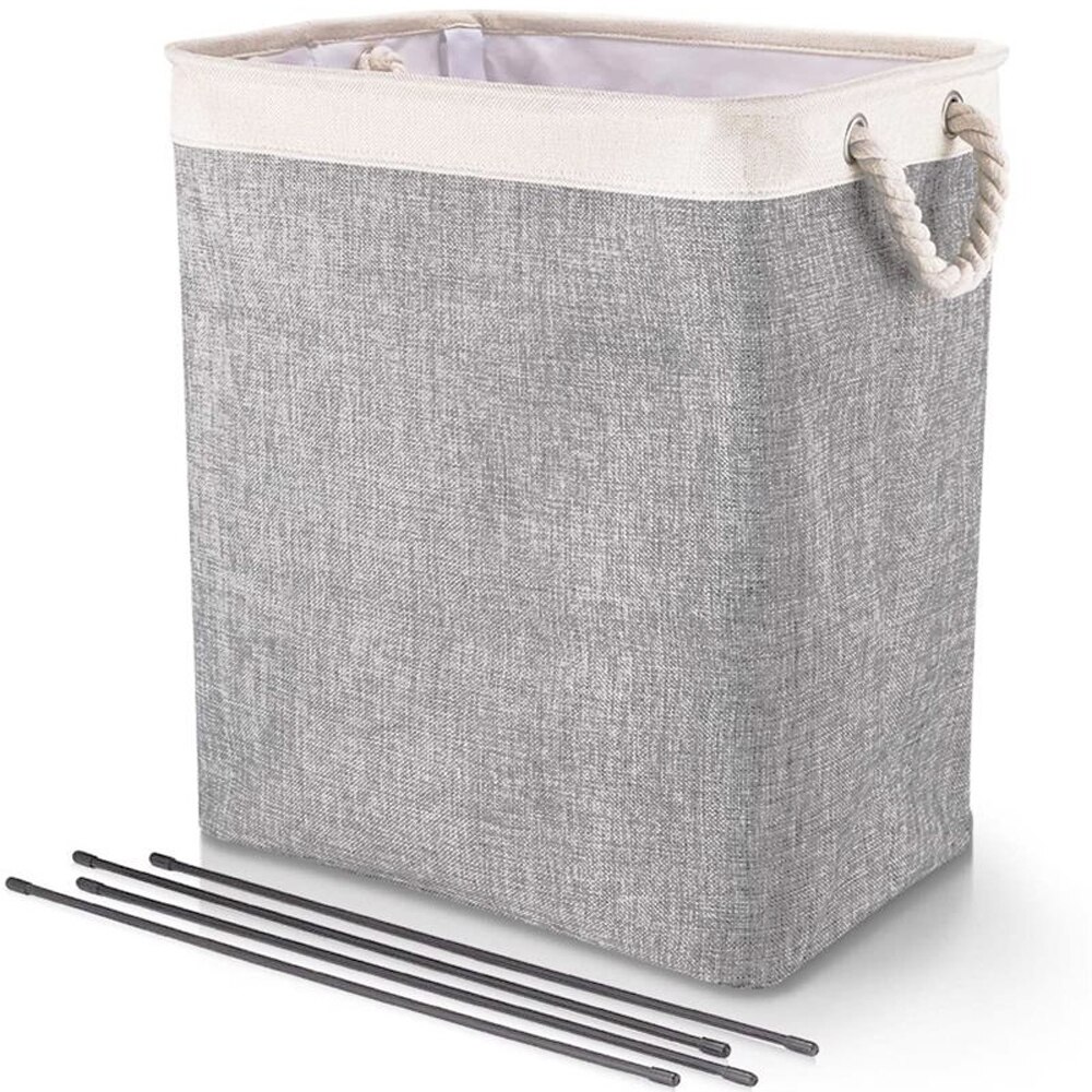 Cesta de lino y algodón para ropa sucia, bolsa de almacenamiento de artículos diversos para el hogar, soporte desmontable, plegable: Gray White