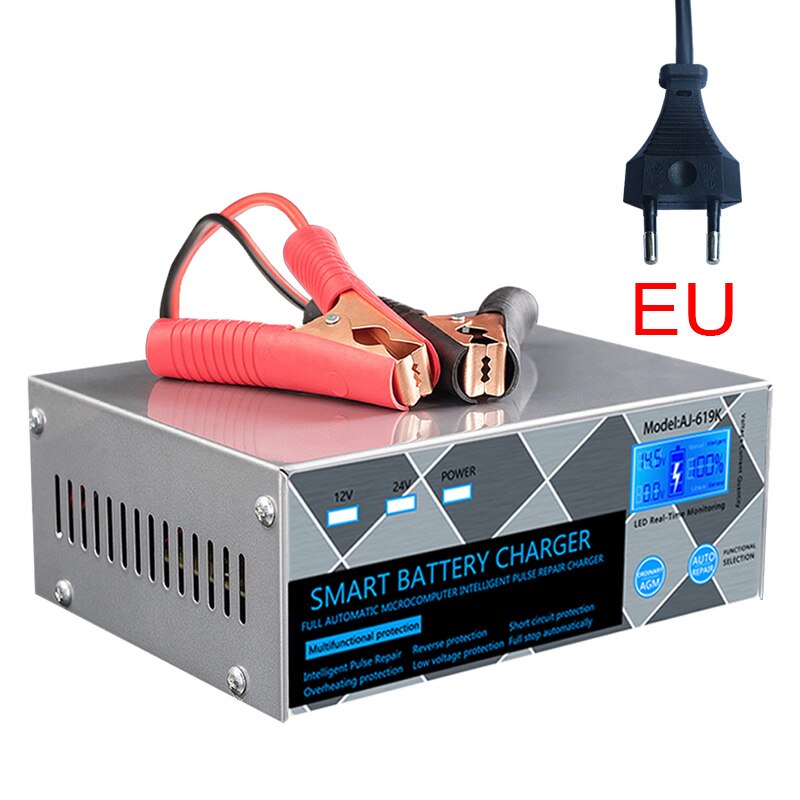 car battery charger pulse repair 12V 24V 15A for lithium iron lead acid AGM start-stop batteries motorcycle auto charger: EU