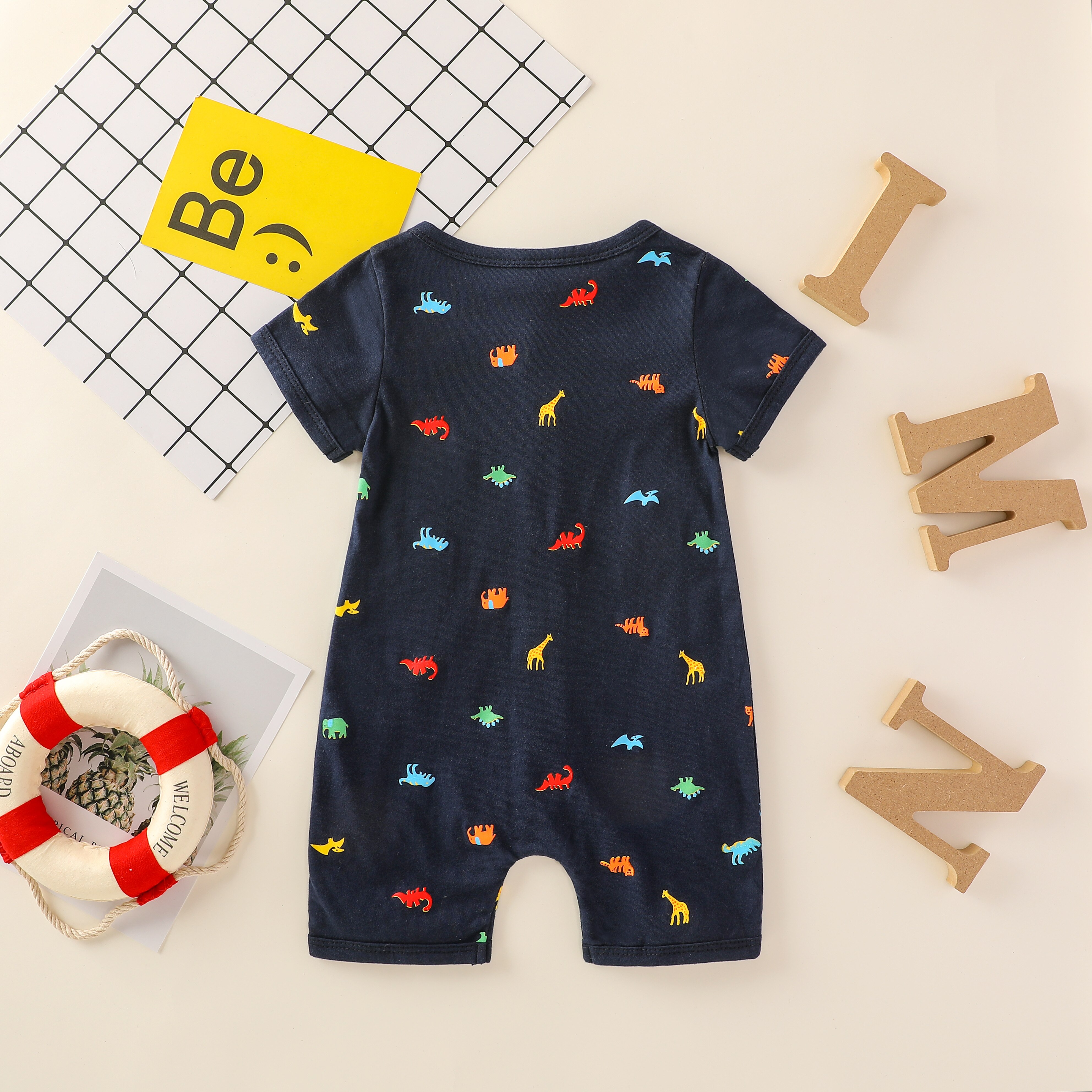 Letnia odzież dziecięca z okrągłym dekoltem z krótkimi rękawami pajacyki z nadrukami dinozaurów dla malucha chłopiec dziewczyna 0-18 miesięcy
