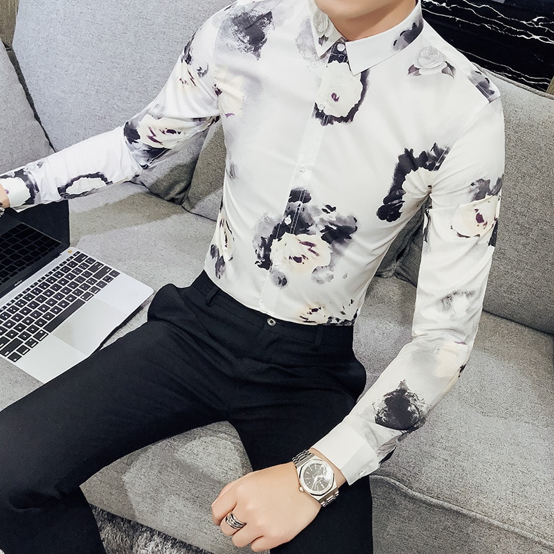 Primavera impresión coreana marea auto-cultivo camisa de manga larga de confort Casual camisetas de camisas masculina