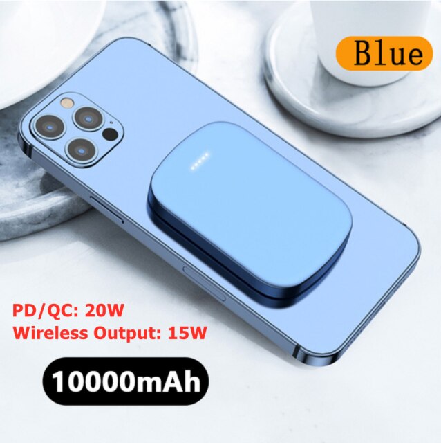 15W Chargeur Magnétique Sans Fil Banque De Puissance 20W Charge Rapide MagSafe Mini Banque De Puissance pour iPhone 12 Pro Max Externe Chargeur De Batterie: 10000mAh Blue