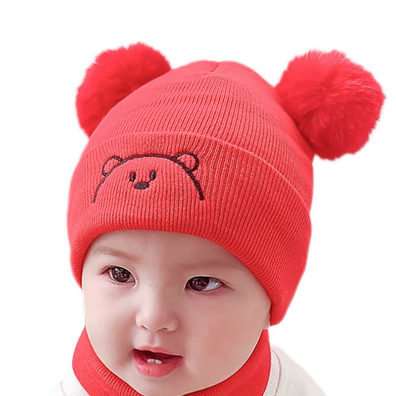 2Pcs Toddler Hat +Twitter Pompon Winter Children Hat Bonnet Enfant Knitted Cute Cap For Girls Boys 0-36 Months: 1 red