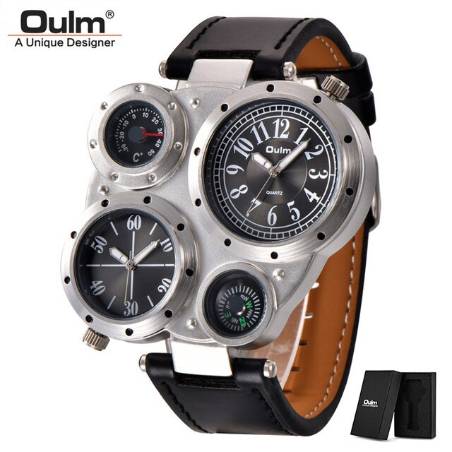 Oulm 9415 Mannen Horloges Twee Tijdzone Sport Quartz Mannen Horloge Kompas Decoratie Mannelijke Lederen Horloge: black(with box)
