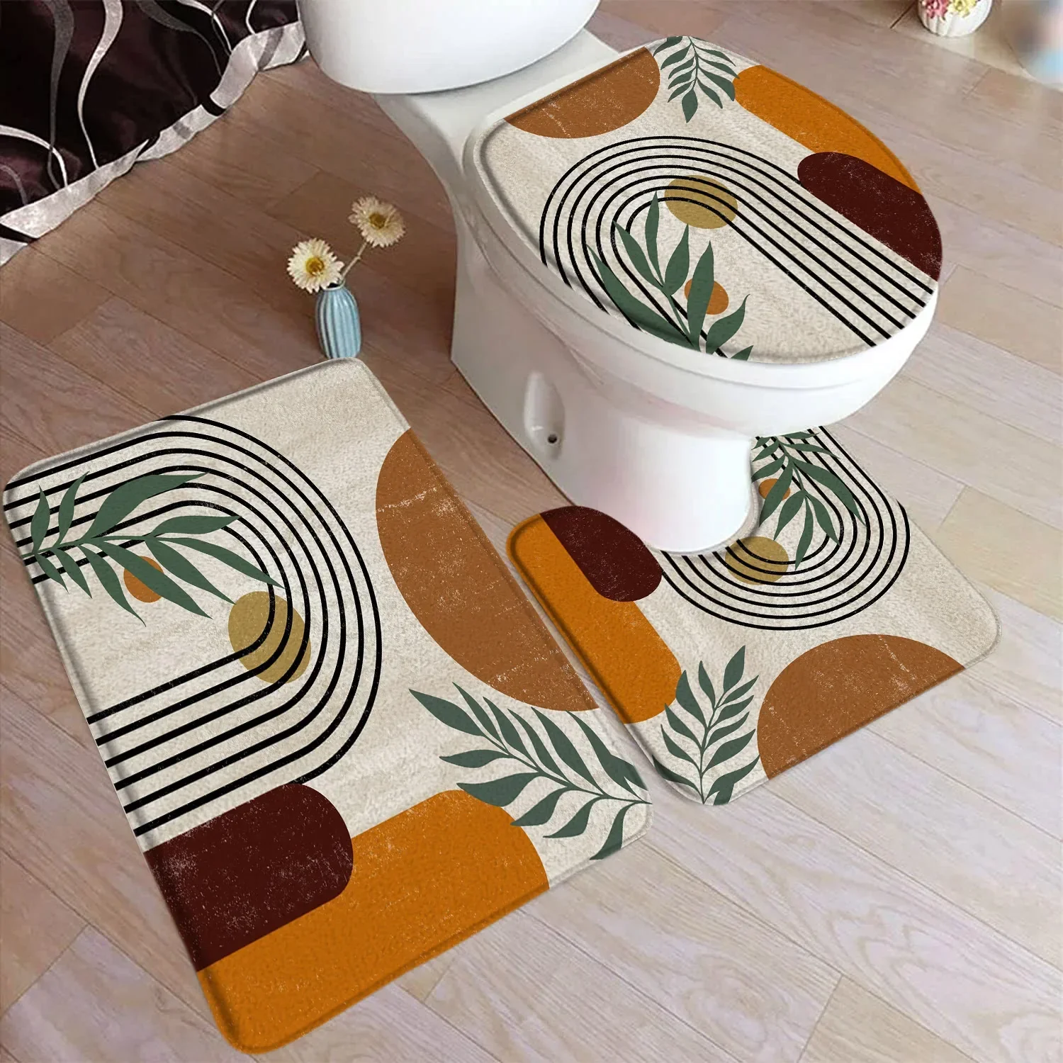 Abstrakt bademattesett fra midten av århundret svart linje grønt blad moderne geometrisk boho hjem teppe baderomsinnredning gulvtepper toaletttrekk: Blå