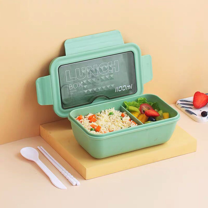 2020New Microwave Lunch Box with Compartments Portable Bento Box Japanese Style Leakproof Food Container for Kids with Tableware: Green