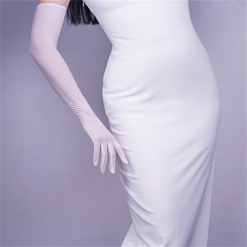 Women Gloves White Silk Elastic Lace Ultra-Thin Long Style Woman's Black Retro Mesh Evening Vestido Gloves TB67: White