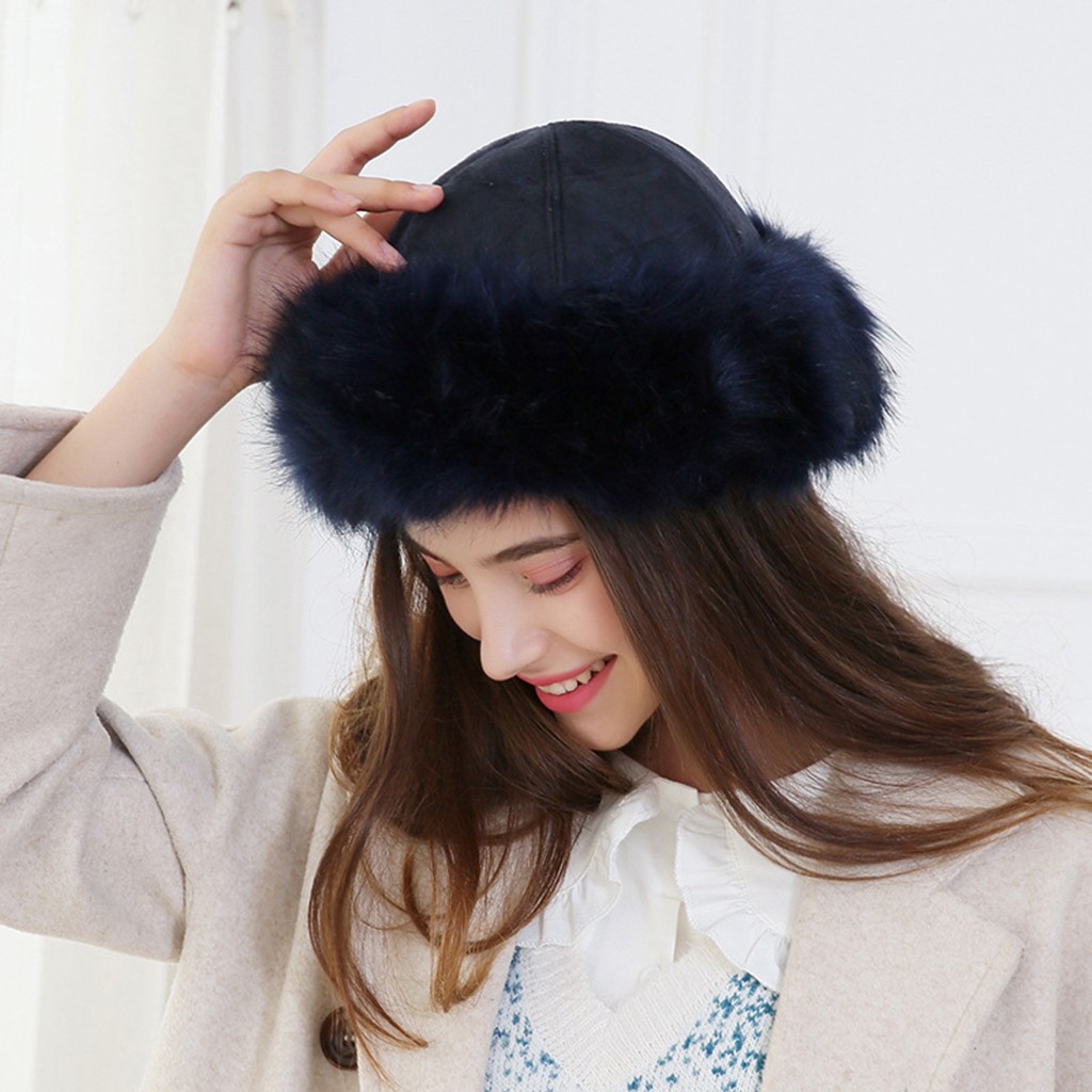 Winter Faux Fur Hats Women Winter Mongolian Russian Outdoor Hat Solid Thick Warm Solid Earmuffs Woollen Hat