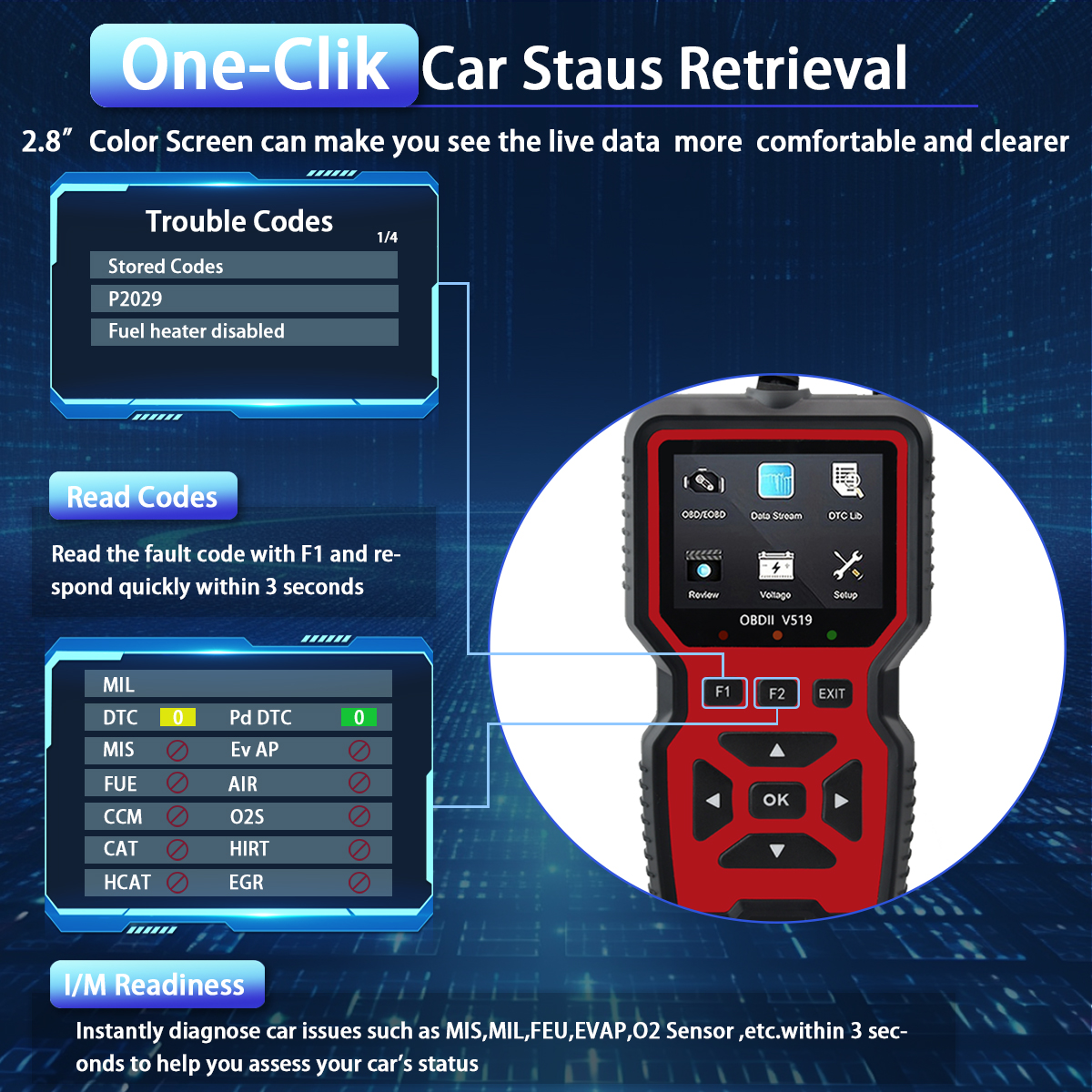 Car OBD2 Scanner Diagnostic Tool Code Reader, Car Voltage Tester Engine Fault Code Scanner, Charging Tester Diagnostic Tool V519