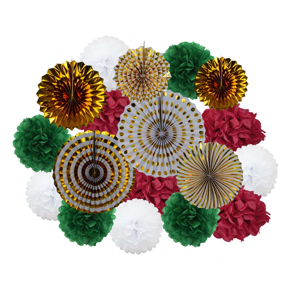 Lente Party Favor Goud Groen Set Vouwen Opknoping Papier Pom Pom Fans Baby Shower Kids Meisje Jongen Verjaardag Decoratie: Gold Red Green