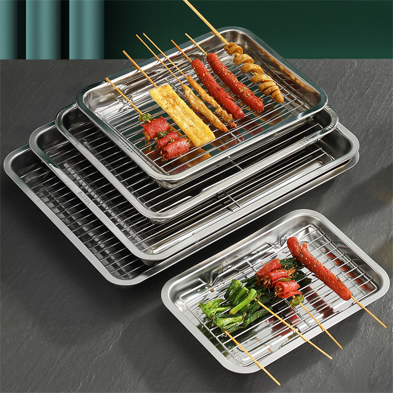 Placas de almacenamiento rectangulares, utensilios para hornear de acero inoxidable con rejilla de refrigeración, bandeja para hornear para horno de cocina, bandeja con filtro de aceite, bandejas para servicio de alimentos