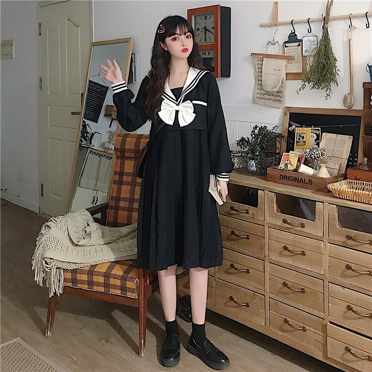 Japanse Stijl Zoete En Mooie Boog Matroos Kraag Lange Mouwen Jurk R Mid-Lengte Zwarte Rok Vrouwen &#39;S Herfst School Meisje