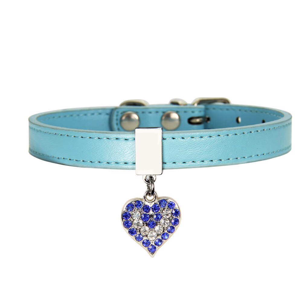 Collar de cuero para perro y gato, Collar ajustable para cachorros y gatitos con estrás, Collar de plomo con corazón ostentoso para gatos pequeños, accesorios para mascotas