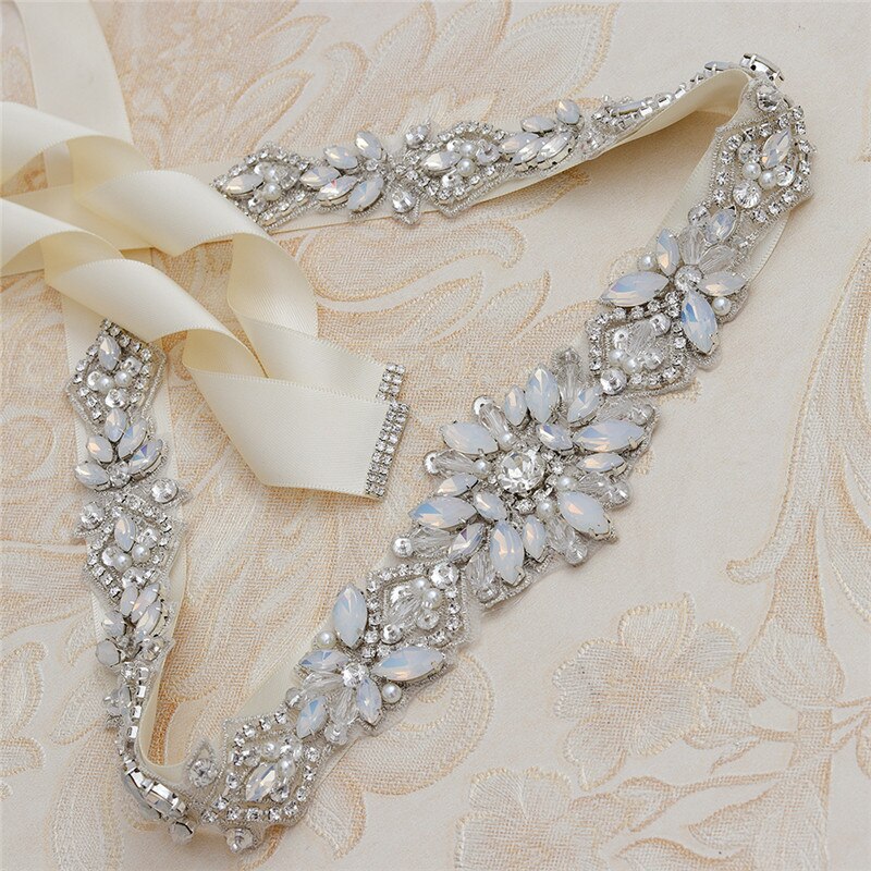 Jonnafe-faja nupcial de cristal de ópalo para mujer, faja de perlas para vestido de novia, accesorios de cinturón de Color plateado