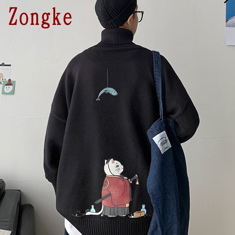 Zongke Samurai estampado de gato cuello alto de punto suéter de los hombres ropa de cuello de los hombres suéter de suéter o Chompa para hombre M-3XL