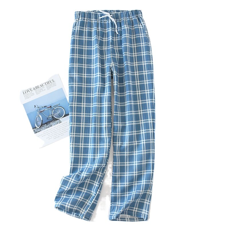 Men's Cotton Gauze Trousers Plaid Knitted Sleep Pants Mens Pajamas Pants Bottoms Sleepwear Pajama Short for Men Pijama Hombre