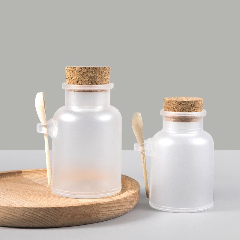 1PC 100/200/300ML Empty Bath Salt Bottle Plastic Matte Cork Jar Women Mask Facial Container Refillable Bottle With Wood Spoon
