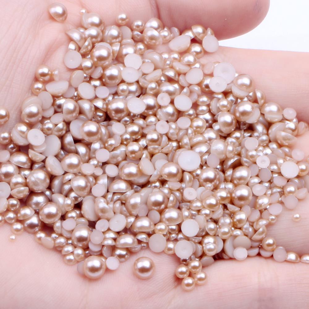 2-12mm and Mix Size Light Coffee Half Round Imitation Pearl Loose Beads ABS Flatback Pearl Bead For DIY Nails Scrapbook Decorate