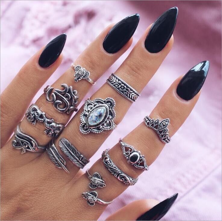 Bague Femme Vintage Ringen voor Vrouwen Boho Geometrische Bloem Crystal Knuckle Ring Set Bohemian Midi Vinger Sieraden Zilveren Kleur: Set11 2Elephant