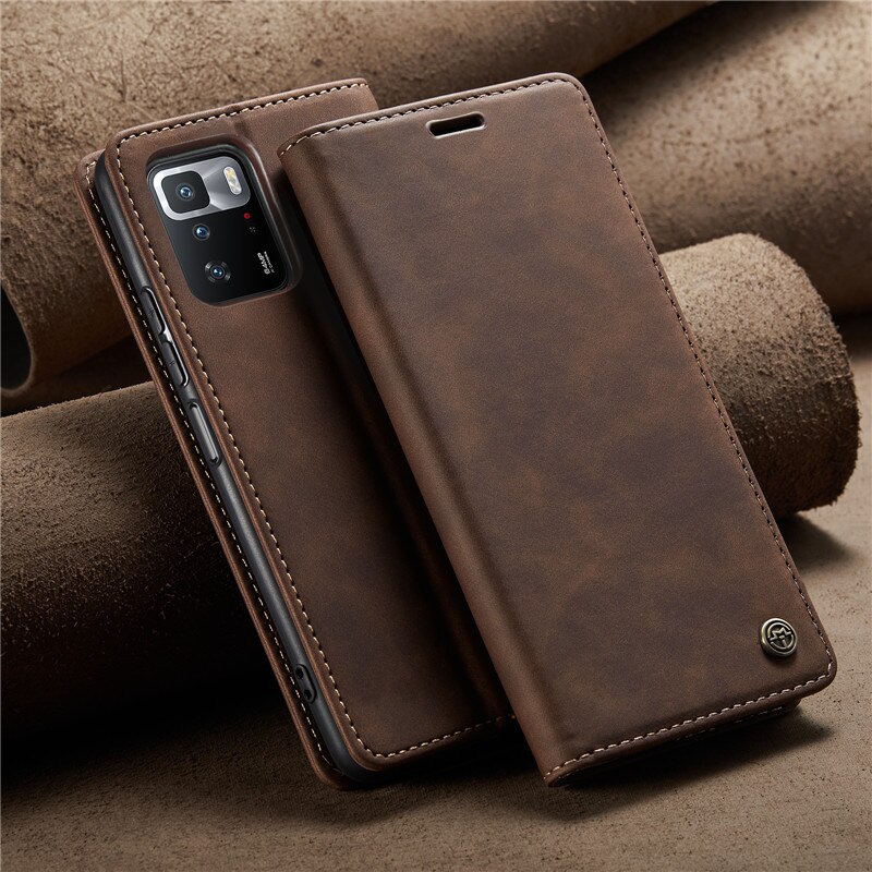 Caseme flip caso carteira para xiaomi poco x3 gt x3gt capa funda em xiomi pocox3gt pocox3 gt couro flip slots de cartão macio saco caso: Café