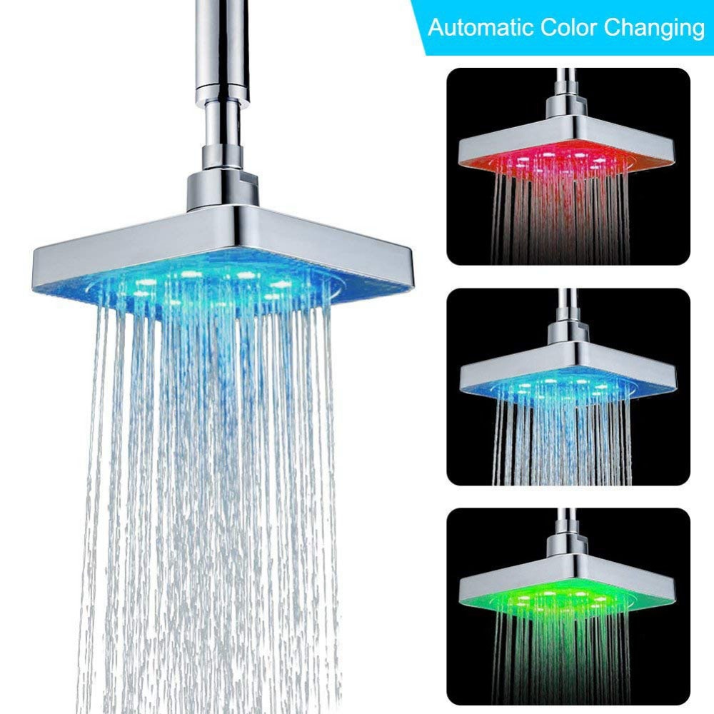 6 Inch 3 Colors Changing Water Temperature Sensor LED Shower Head Square Top Sprayer Bathroom Power Shower Head Ducha