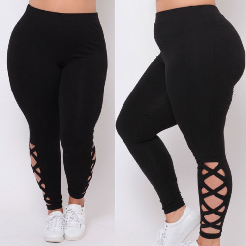 Plus size dames elastische bandage leggings pure criss-cross holle broek effen kleur zij-uitsparingen onderkant: Xxl