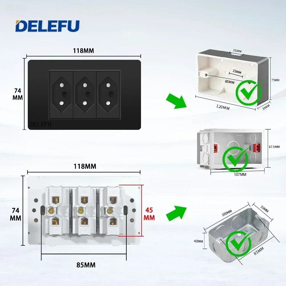 DELEFU Panel de PC ignífugo doble USB tipo C carga Brasil salida estándar interruptor de luz de pared negro enchufe eléctrico 10A 20A