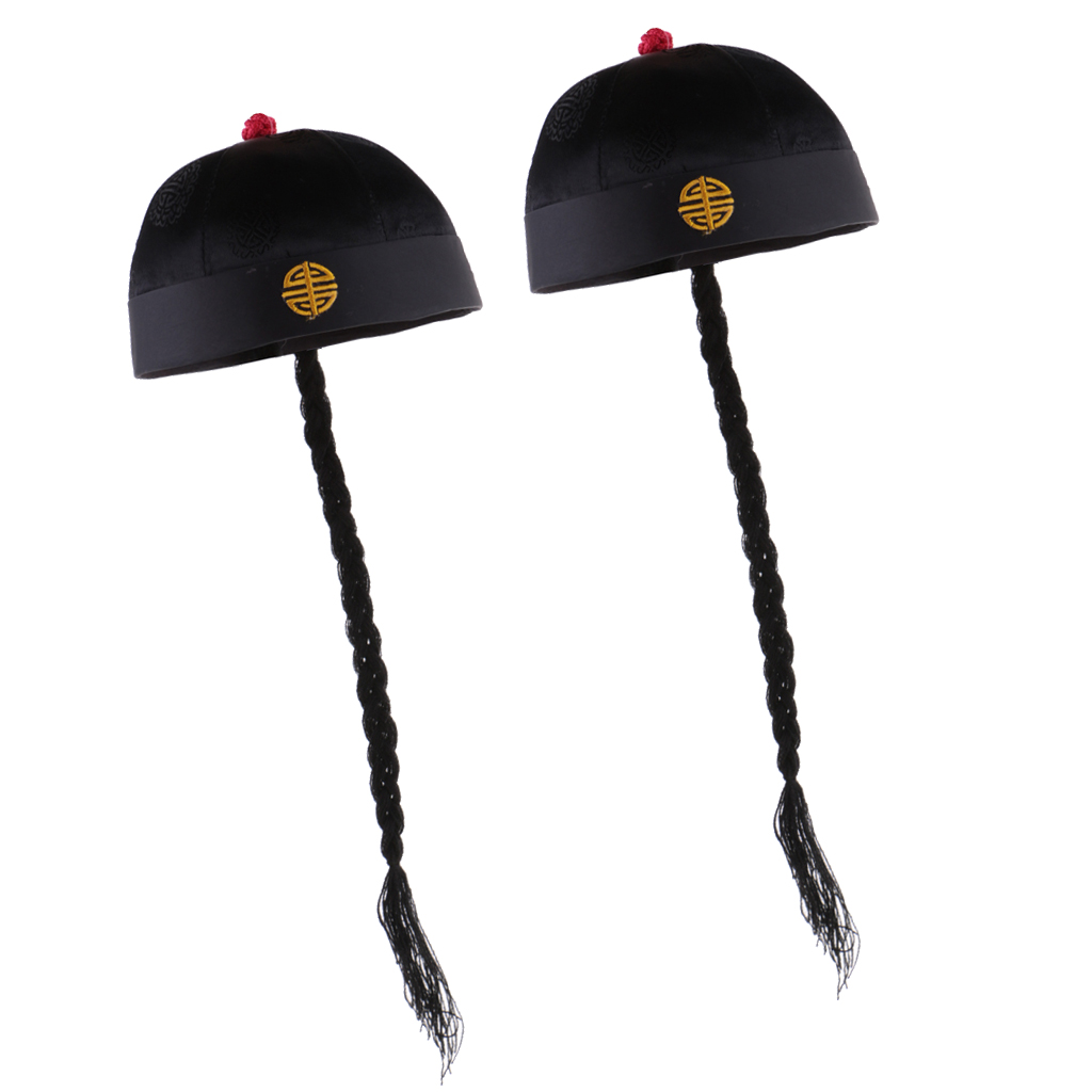 2x Novelty Adults Black Chinese Oriental Cap With Ponytail Party Costume Hat