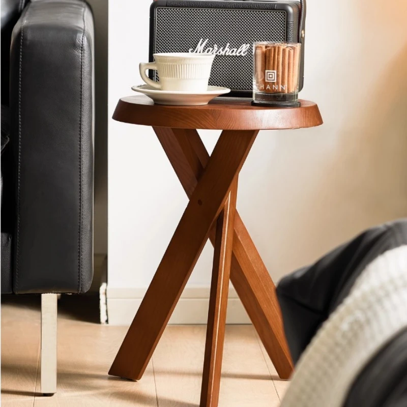 Mesa auxiliar de sofá de madera de fresno, mesa esquinera Wabi-Sabi, taburete redondo Vintage para sala de estar, estante de almacenamiento resistente