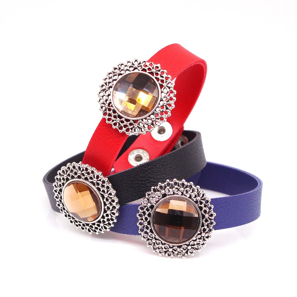 Button Adjust Leather Bracelet Crystal Fine For Women Jewelry